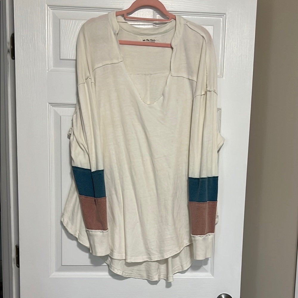 We The Free Cream and Blue Oversized Jersey Top